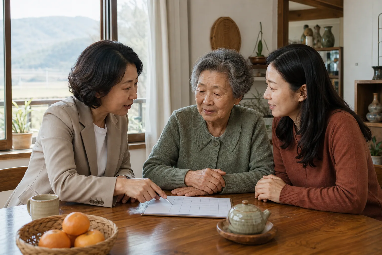 어르신과 보호자, 사회복지사가 식탁에 앉아 돌봄 일정을 함께 살펴보는 모습